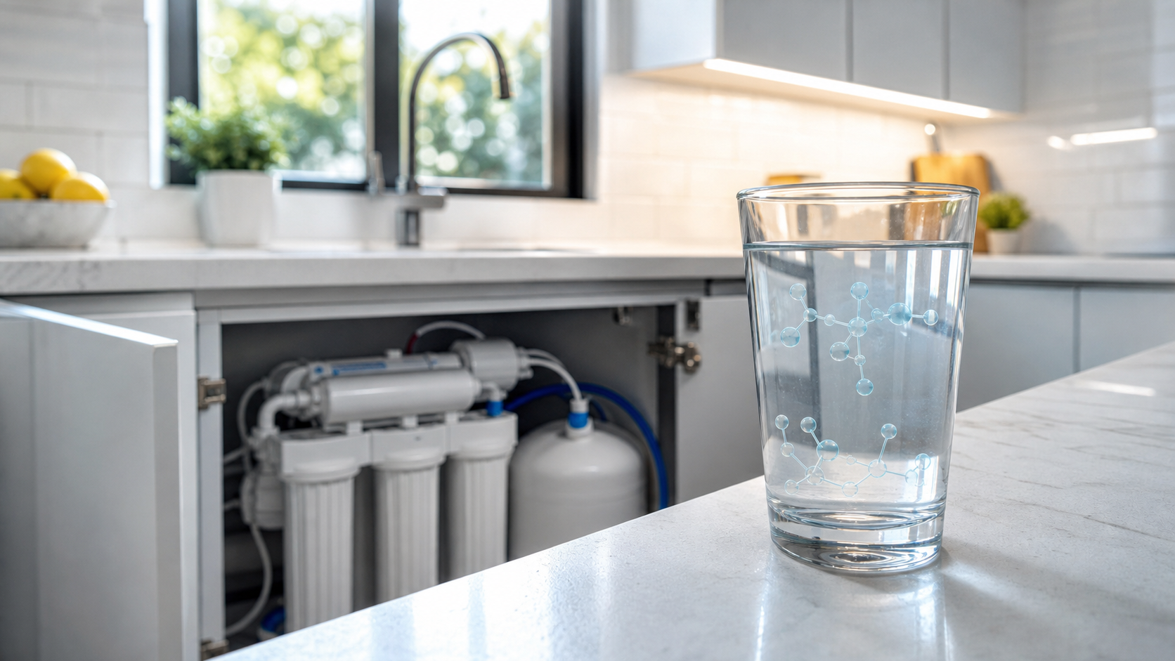 Vaso de agua en cocina con ósmosis doméstica y moléculas que representan PFAS y contaminantes emergentes