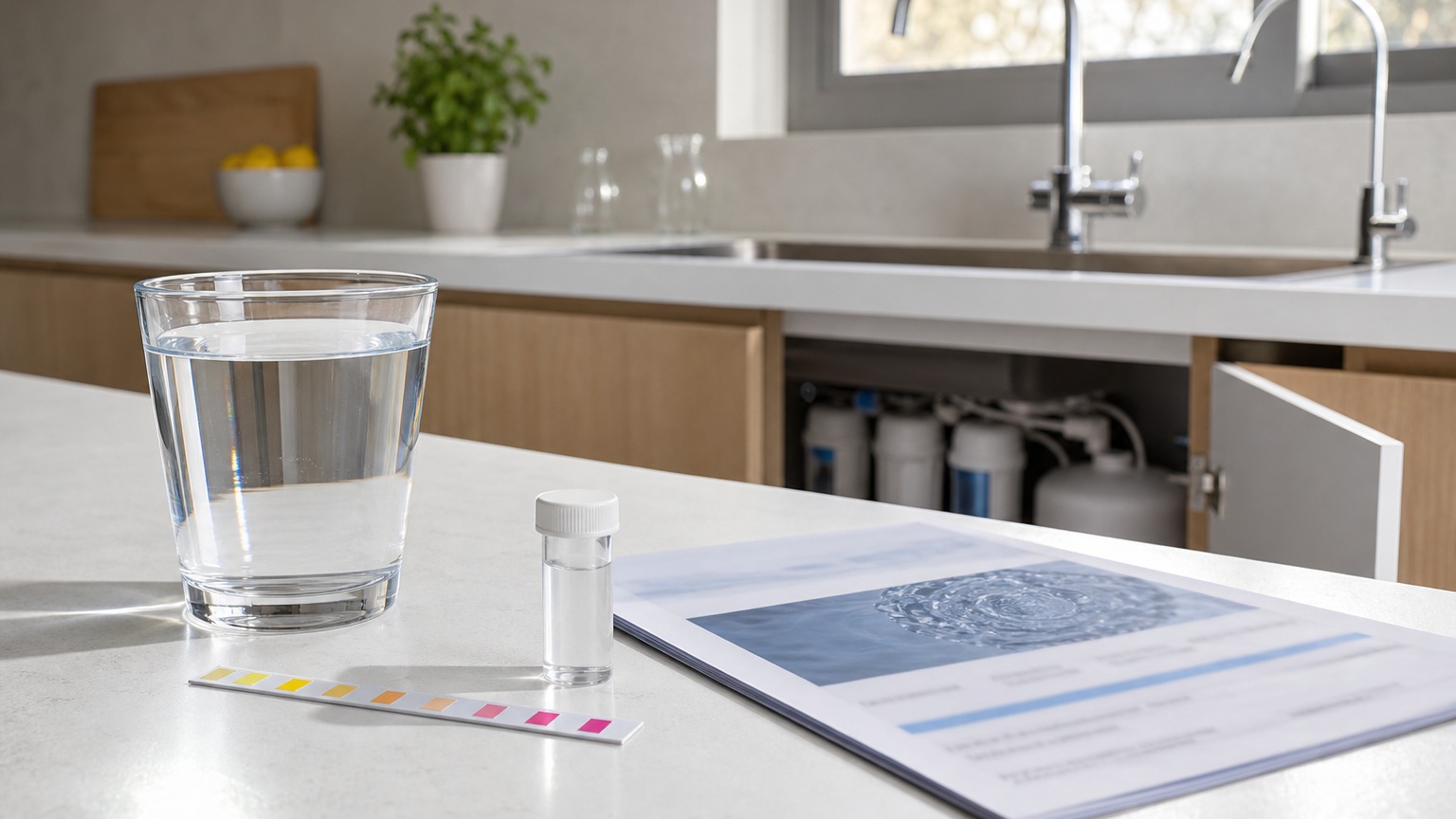 Nitratos en el agua: cuándo preocuparse y qué tratamiento valorar en casa Vaso de agua y tira reactiva para analizar nitratos en una cocina doméstica