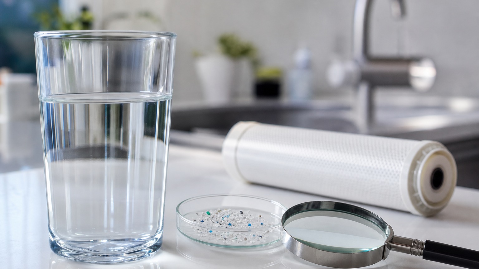 Microplásticos en el agua potable: qué se sabe en 2026 y qué filtros ayudan de verdad Vaso de agua con lupa y muestra para ilustrar microplásticos y filtración doméstica