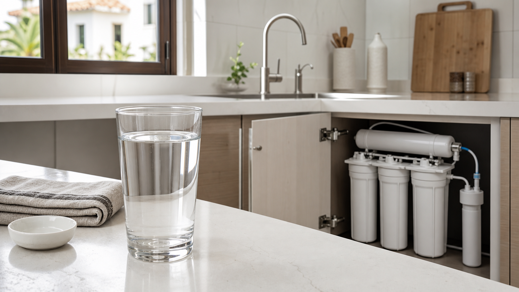 Arsénico y metales pesados en el agua: cómo detectarlos y qué filtro ayuda Análisis doméstico de arsénico y metales pesados junto a un sistema de ósmosis inversa bajo fregadero.