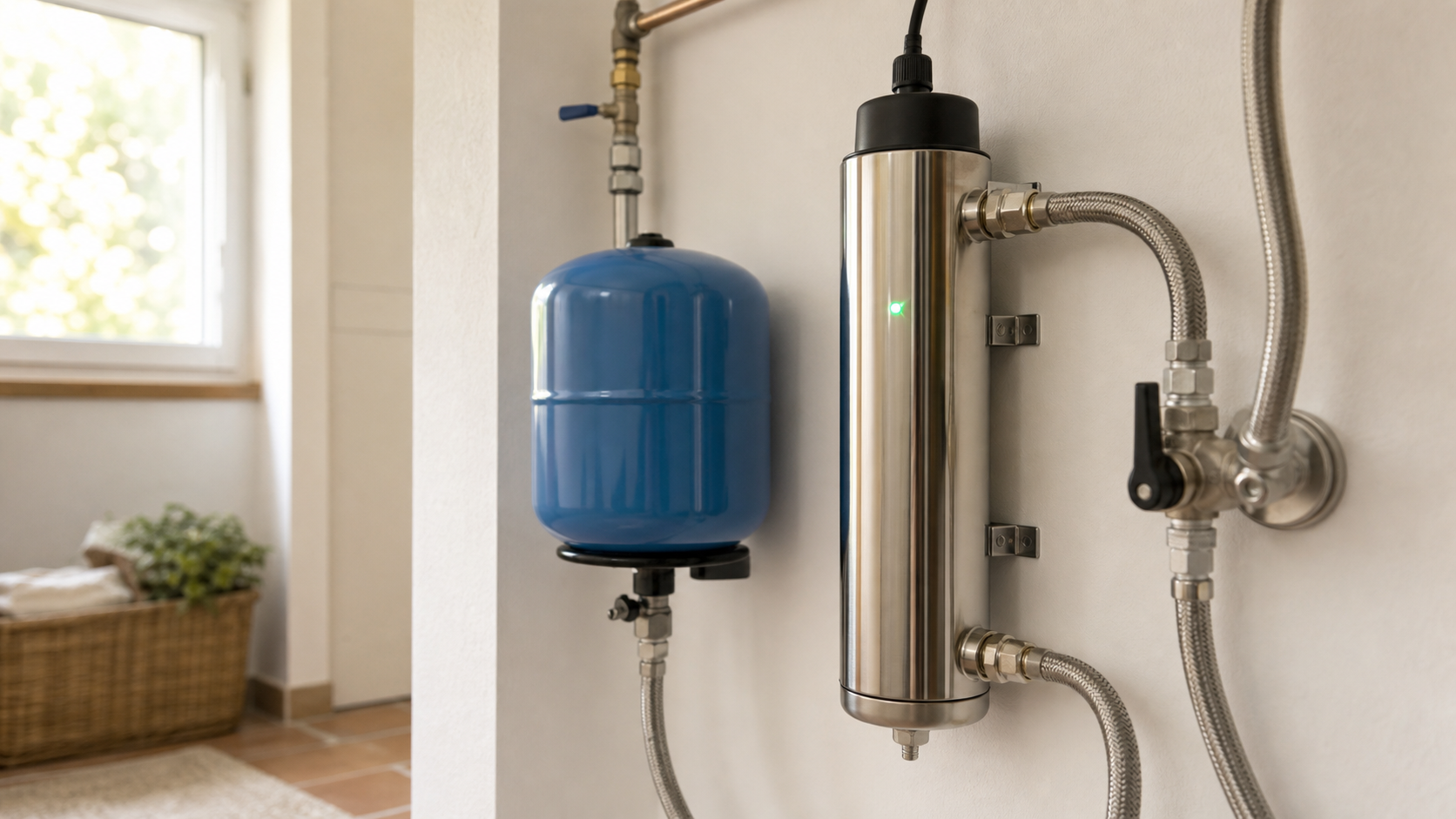 Luz ultravioleta para tratar el agua en casa: cuándo interesa y cuándo no Equipo de luz ultravioleta UV-C doméstico instalado junto a un depósito de presión en cuarto técnico.