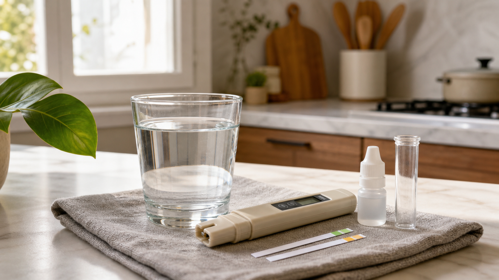Medir el agua en casa: TDS, conductividad y qué te dice antes de comprar un filtro Medición doméstica del agua del grifo con un medidor de TDS y un pequeño kit de gotas.
