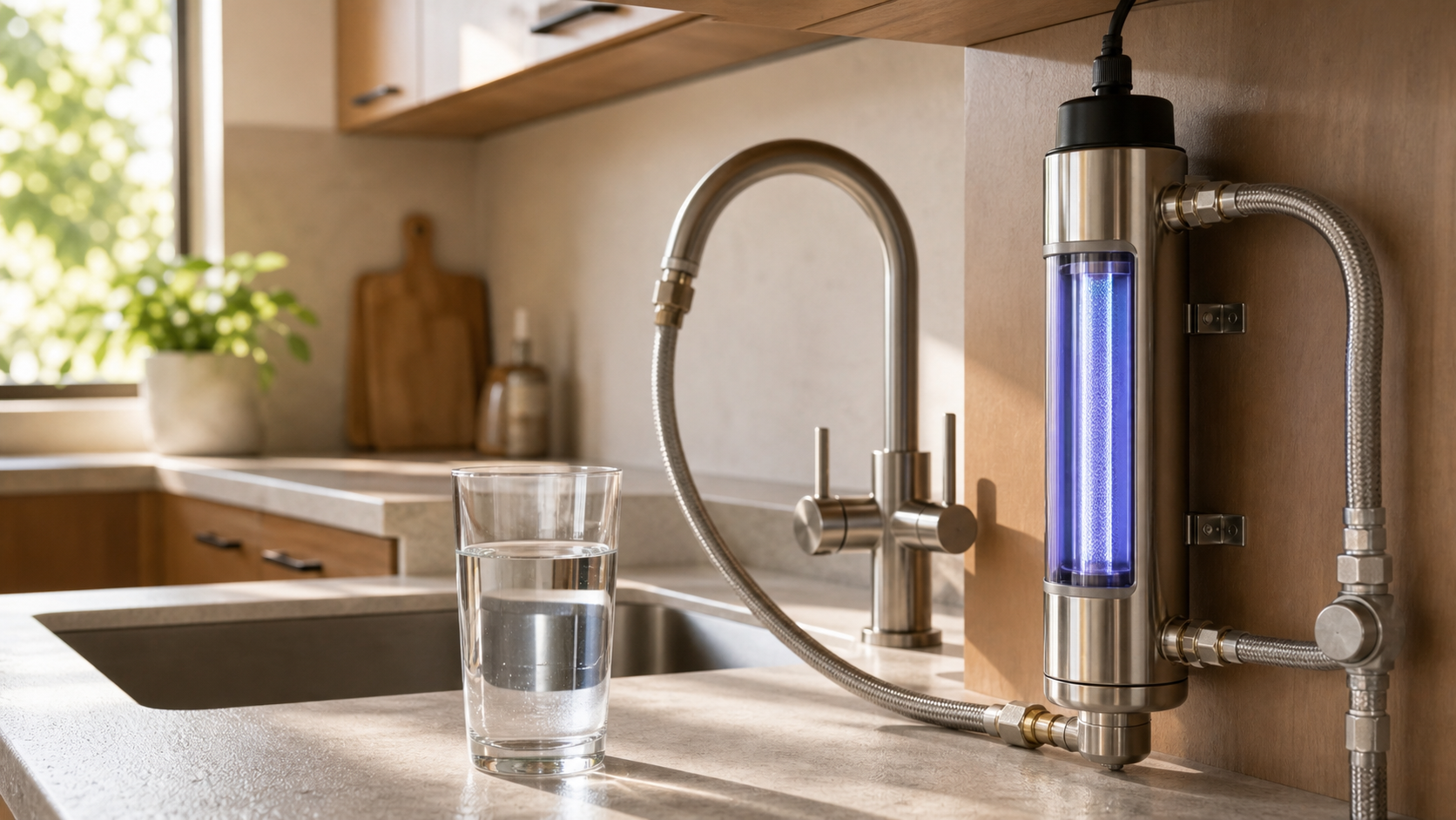 Luz ultravioleta para tratar el agua en casa Equipo doméstico de luz ultravioleta UV-C instalado bajo fregadero con manguera y vaso de agua.