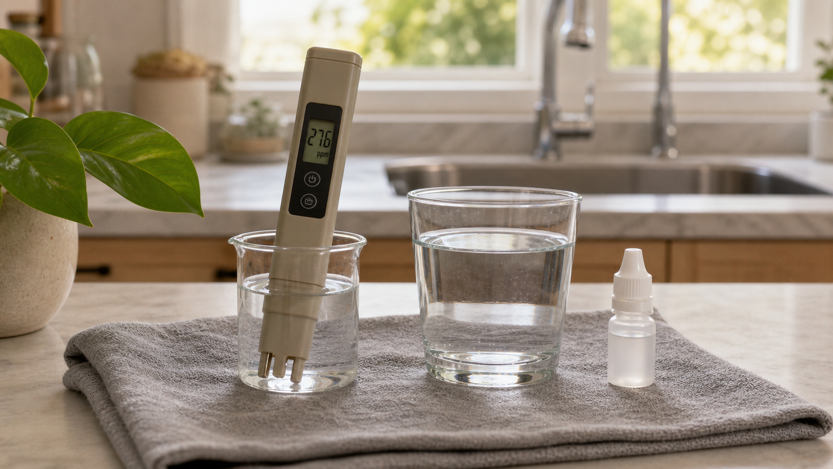 Medir TDS y conductividad del agua en casa Medidor digital de TDS mostrando lectura en ppm sumergido en un vaso de agua sobre encimera de cocina.