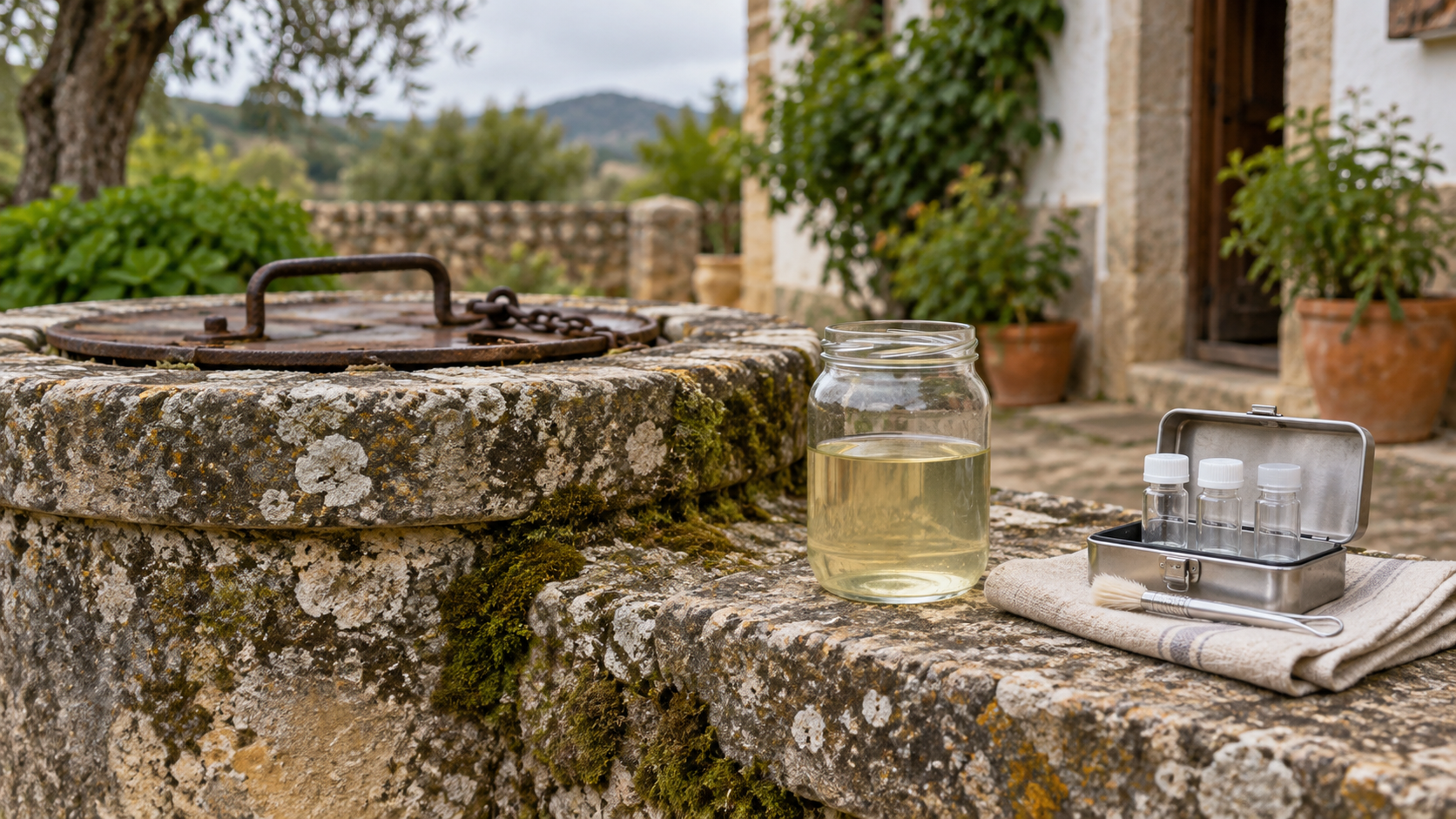 Agua de pozo para consumo doméstico Brocal de pozo de piedra con un tarro de cristal de agua y un pequeño kit de muestreo