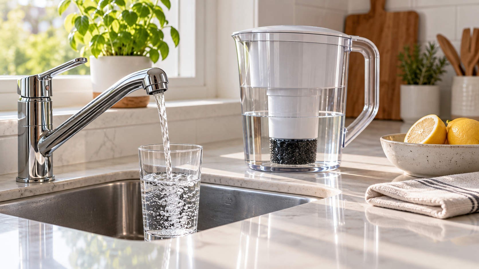 Reducir el cloro del agua del grifo Grifo de cocina con vaso de agua junto a una jarra filtrante de carbón activo