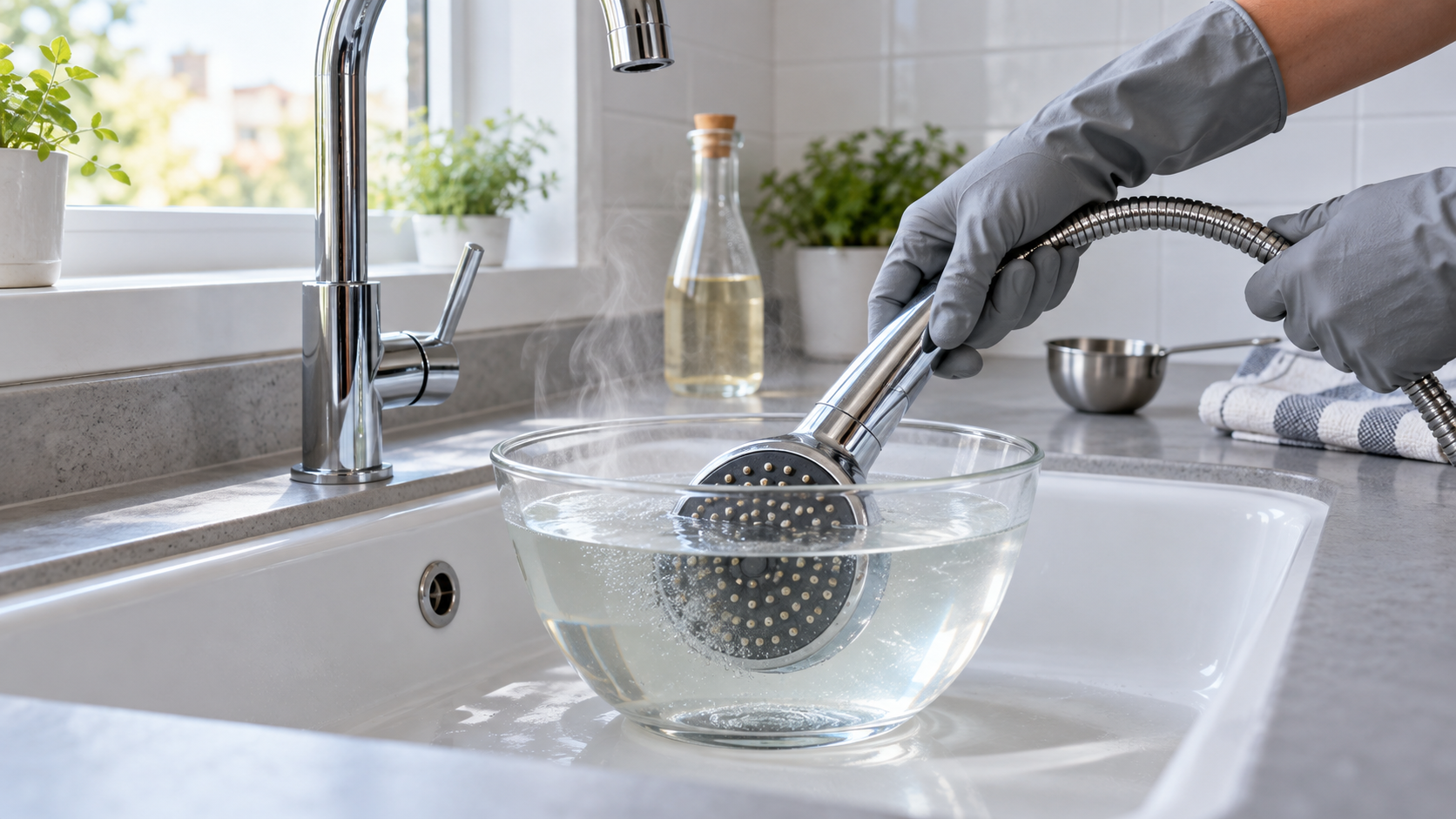 Mano enguantada desmontando una alcachofa de ducha sobre un lavabo blanco con luz natural